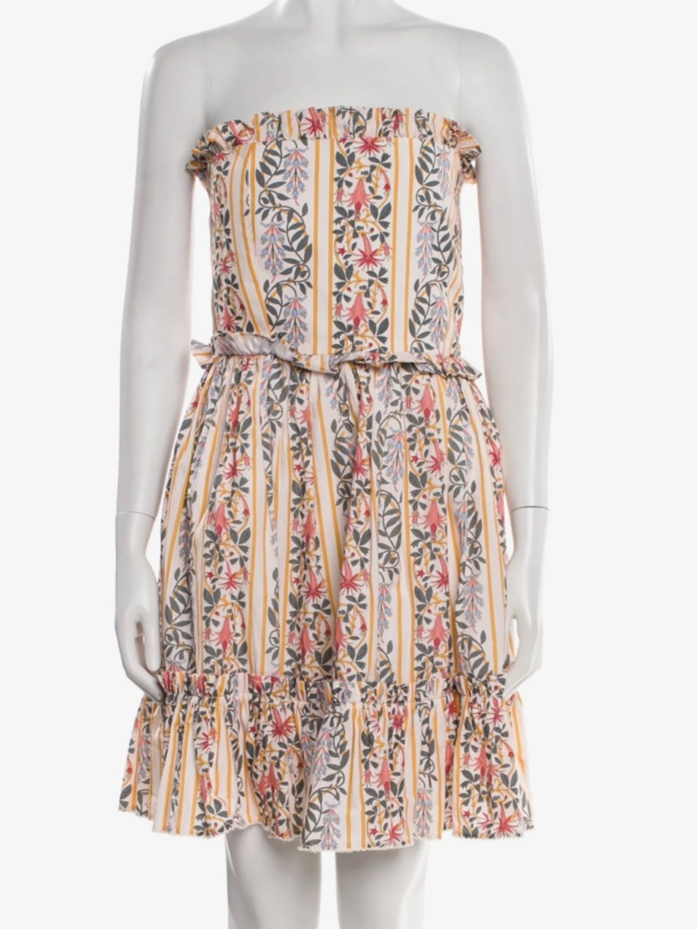Agua Bendita Strapless Floral Stripe Summer Dress in Cream, Yellow, Green, Red